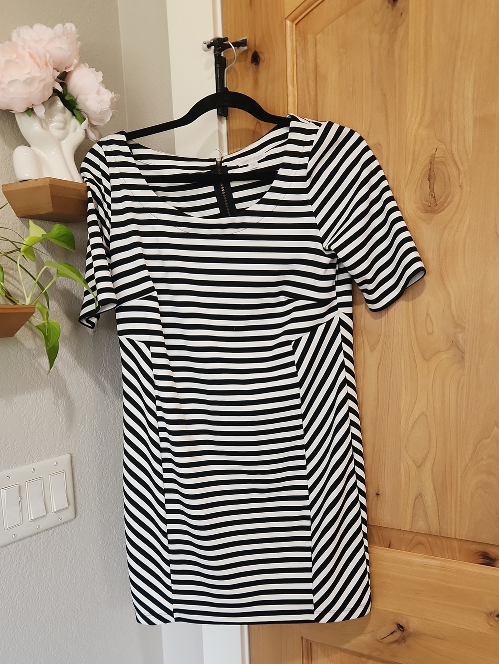A Pea in the Pod Black and White Striped Scoop Neck Dress